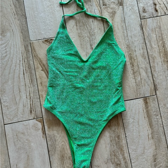 Green, sparkly deep v-neck bodysuit/bathing suit. - Picture 4 of 4